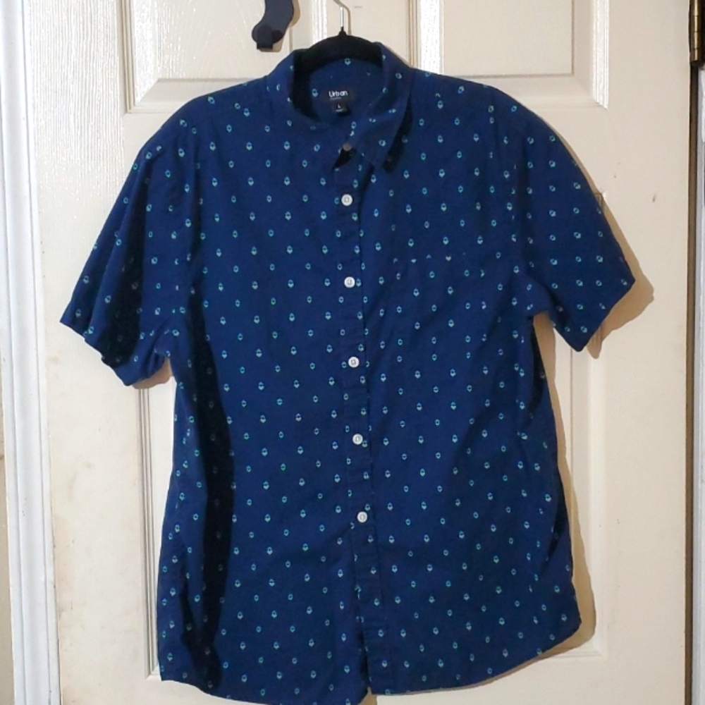 Urban Pipeline Men Short-Sleeve Button-Down Navy Geometric Print Cotton Shirt L